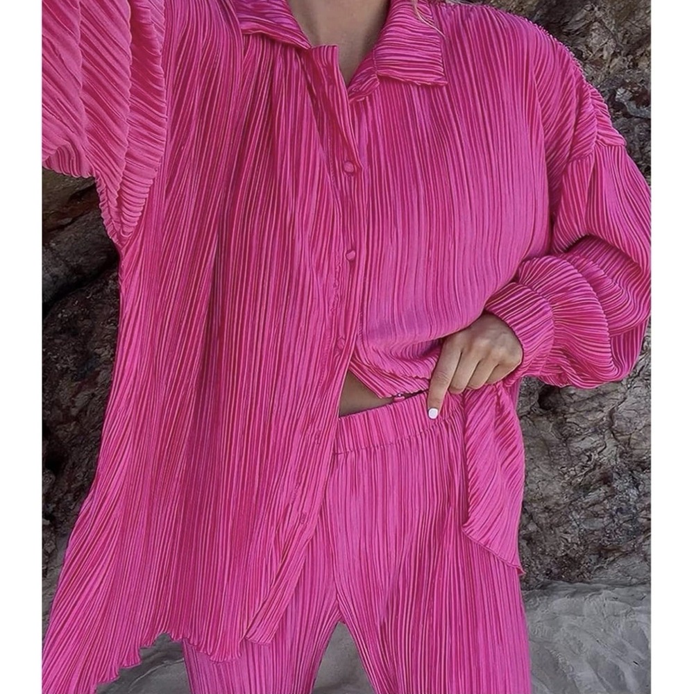 Women's Oversized Pleated 2 Piece Lounge Set Hot Pink Weekend Vibes Size 6 - Picture 3 of 13